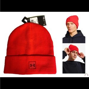 Under Armour Red Cuffed Knit Beanie with Logo Patch